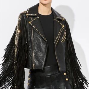 Alice + Olivia CODY FRINGE Leather Jacket with Gold Studs